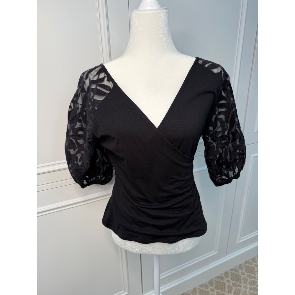 Anne Fontaine Najed Wrap Top Women 40 Black NWT Sheer Embroidered Puff Sleeve